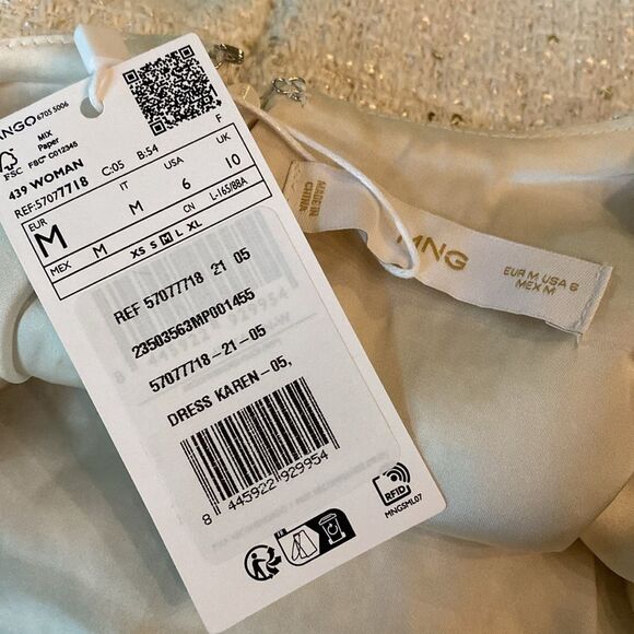 Mango Ivory Tweed Mini Dress Subtle Sequin Strappy Chic M - Picture 12 of 14
